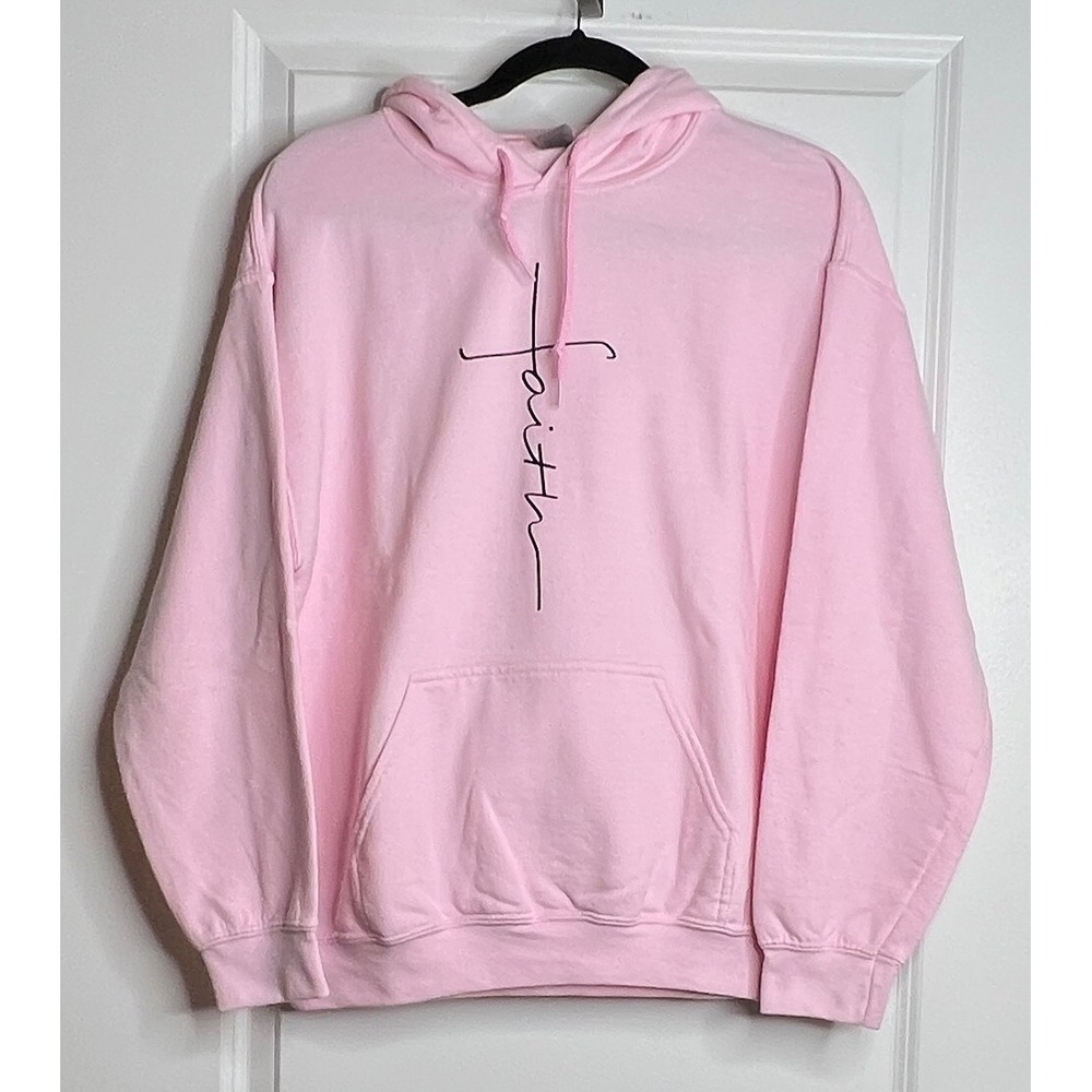Gildan Pink Faith Cross Hoodie Sweatshirt Medium Womens Christian Graphic Fleece